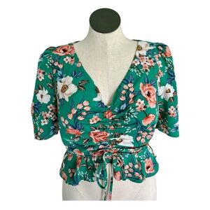 Milk & Honey Cinched Green Floral Peplum Top w/ Ruffle - XL
